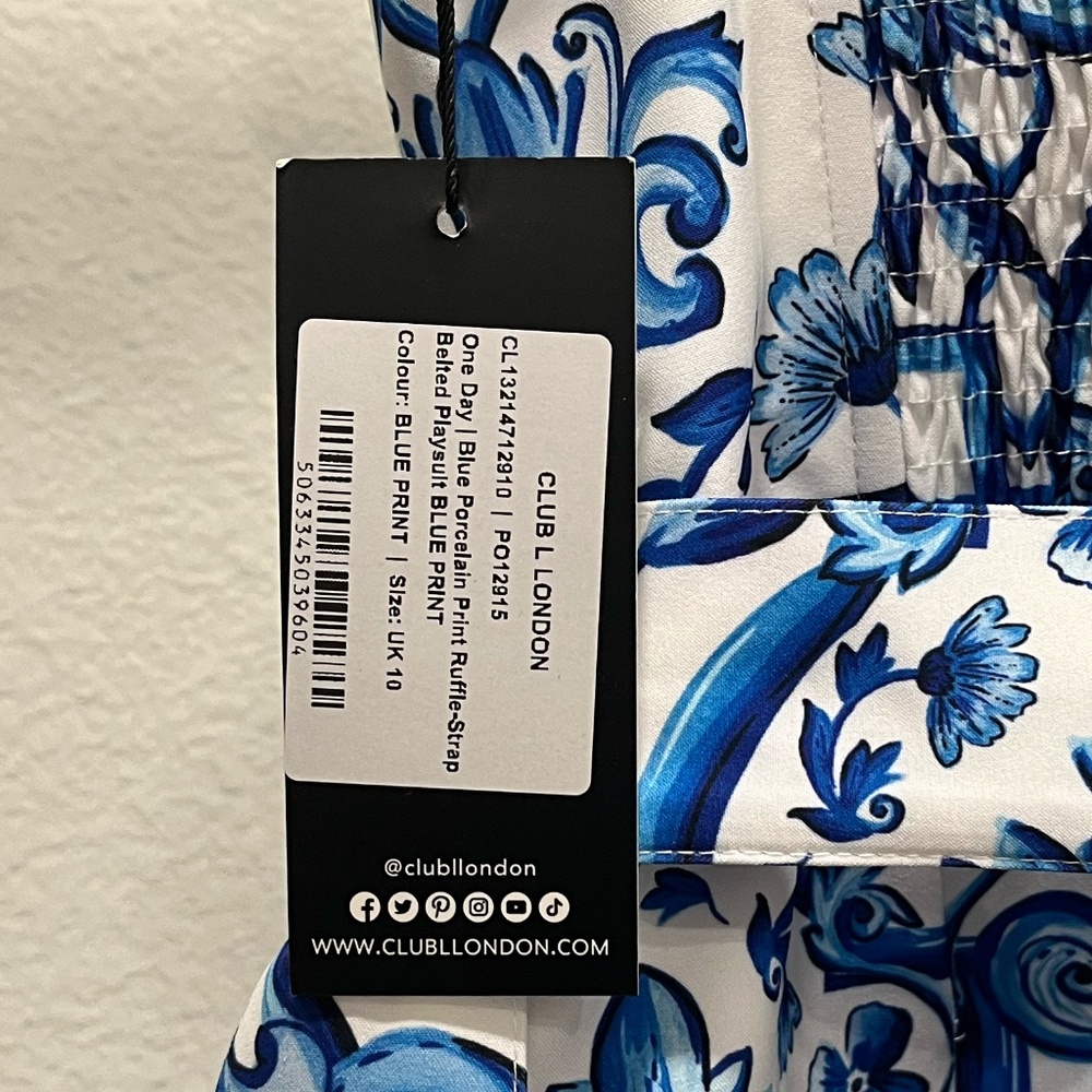 NWT CLUB L LONDON | One Day | Blue Porcelain Print Ruffle-Strap Belted Playsuit - Picture 11 of 12